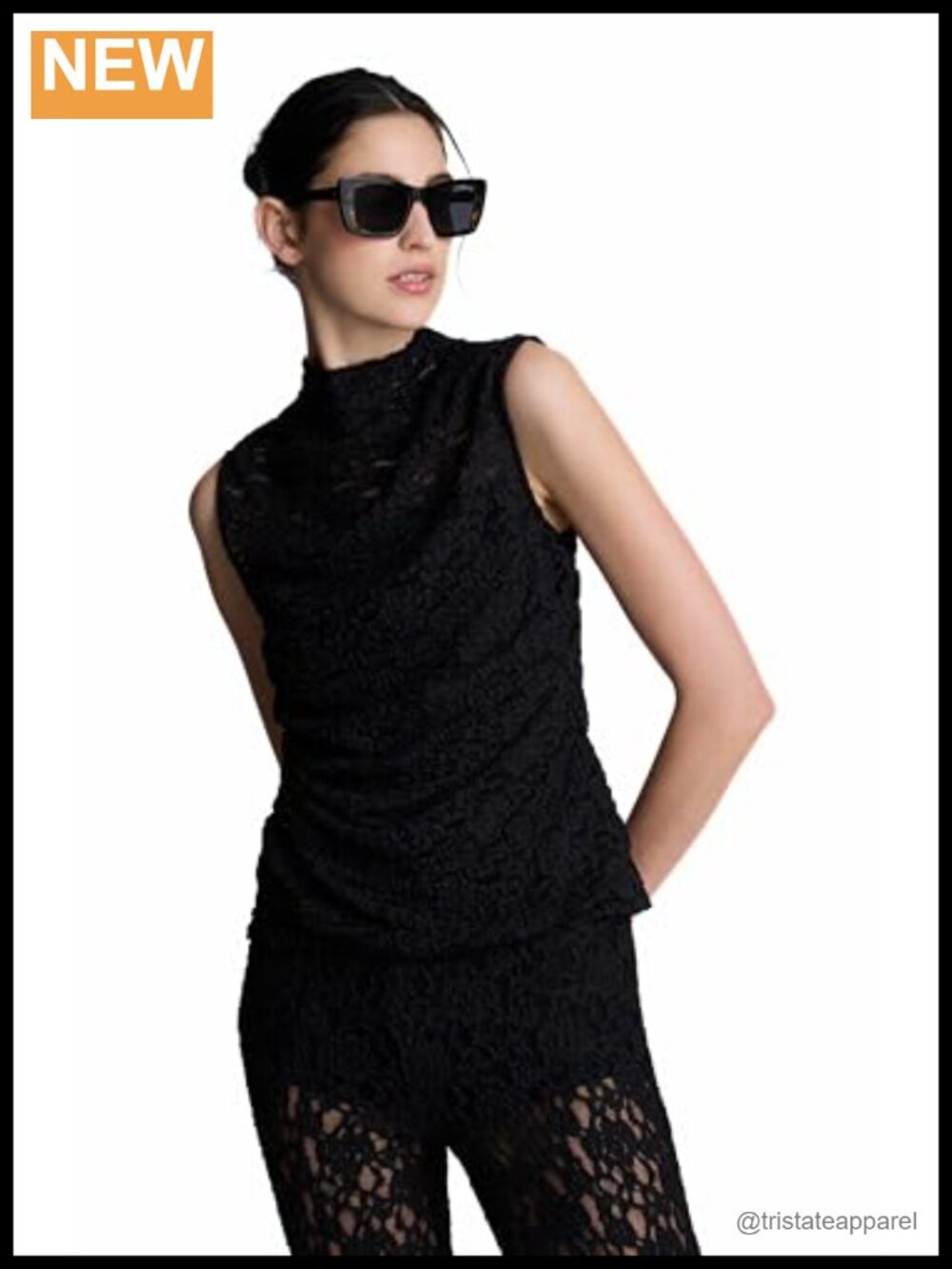 Sleeveless Lace Mock Neck Top - Nylon Cotton Elastane